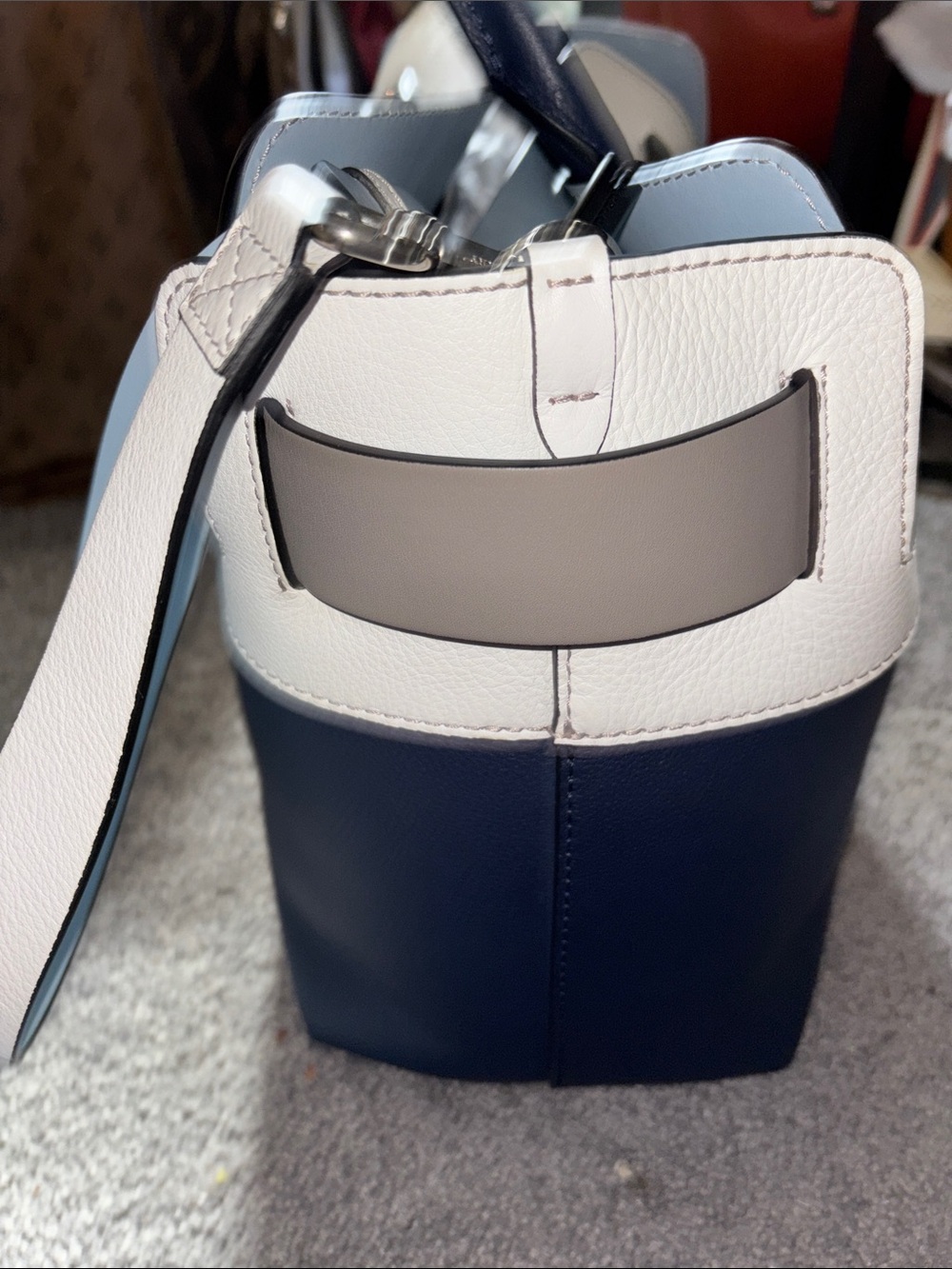 Burberry Navy, White and Gray Leather Tote with Belt Accent - Picture 2 of 9